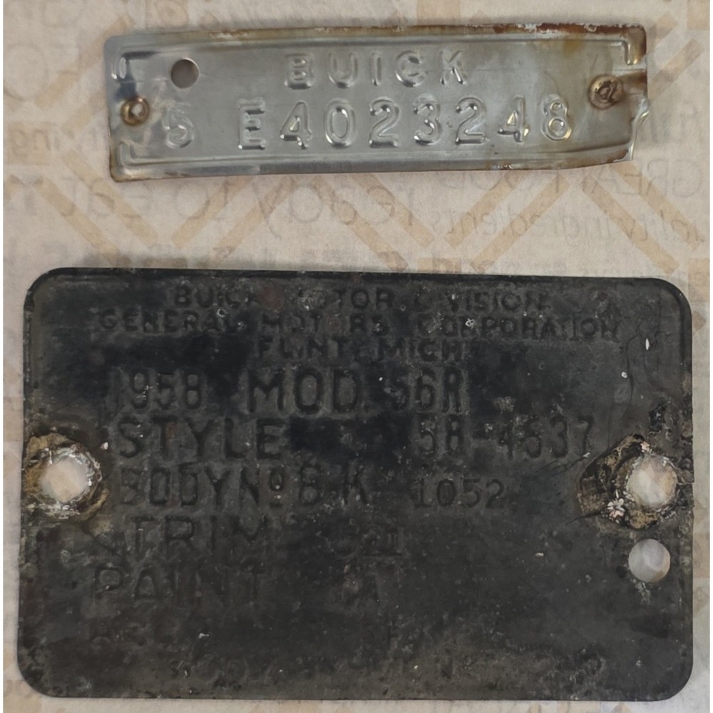 1958 Buick 2 dr Body Data Plate Vin Tag General Motors Flint Michigan Car Part